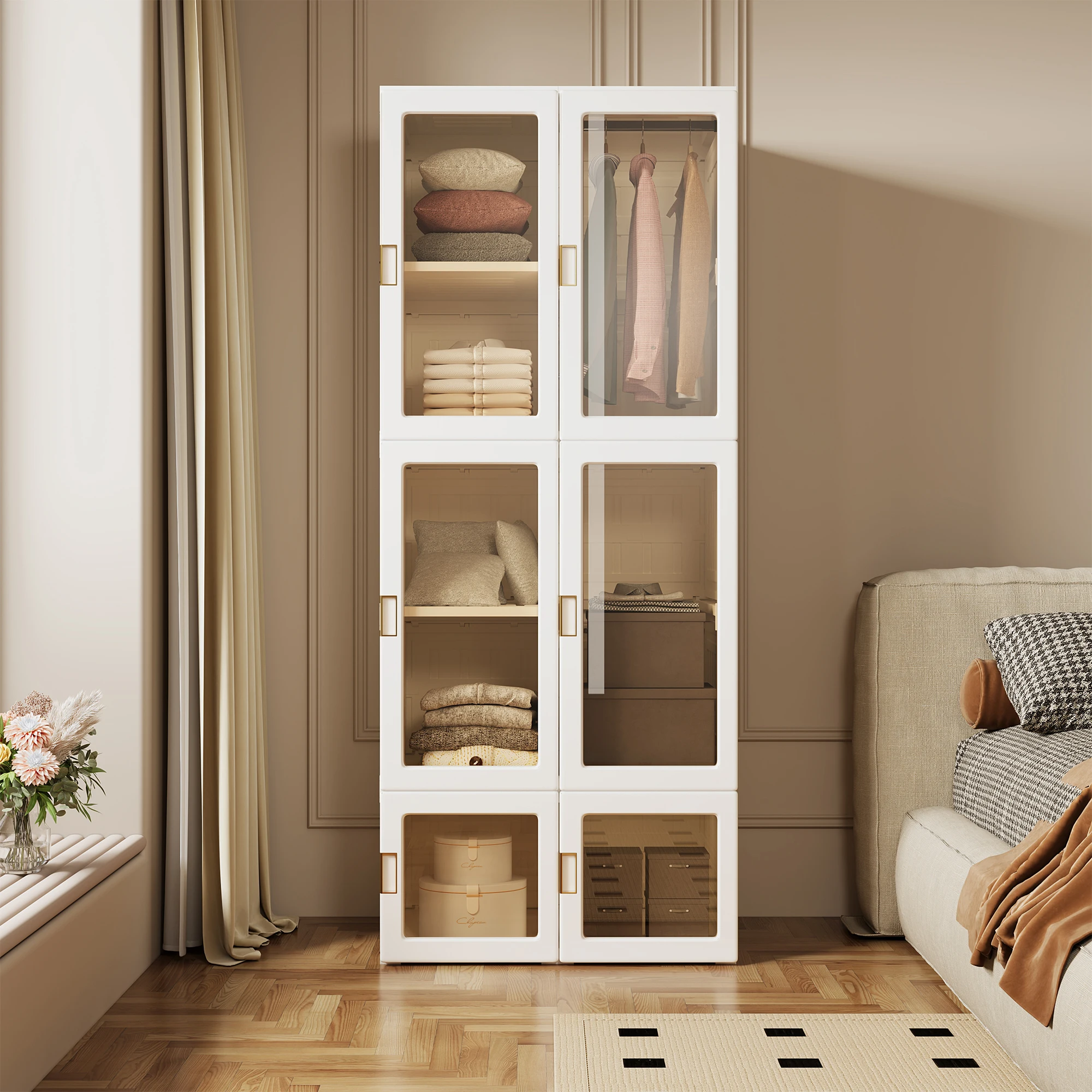 Faltbarer Multifunktions-Kleiderschrank mit Kleiderstange und Magnetischer Tür, Geeignet für Wohnzimmer und Schlafzimmer (Weiß)