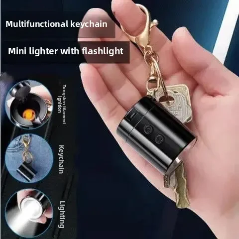 Kreative Mini Multifunktionale Schlüsselbund Lade Feuerzeug LED Beleuchtung Taschenlampe Wolfram Draht Zünder Outdoor Tragbare USB Feuerzeuge Image