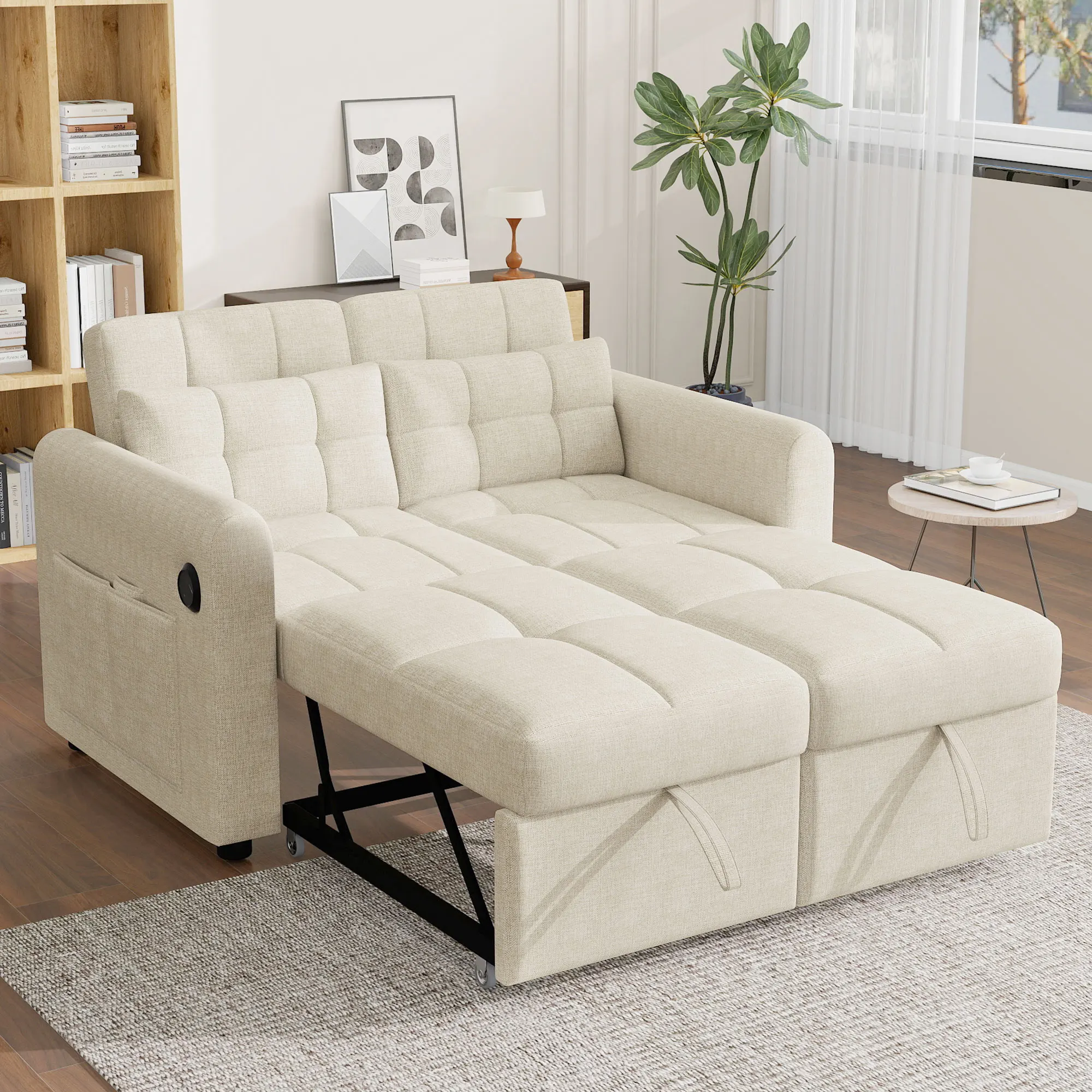 Schlafsofa Zweisitzer, Klapp- & Ausziehbett, für 2 Personen, Multifunktionssofa, Rückenlehne, Armlehnentaschen, Kissen, Beige Image
