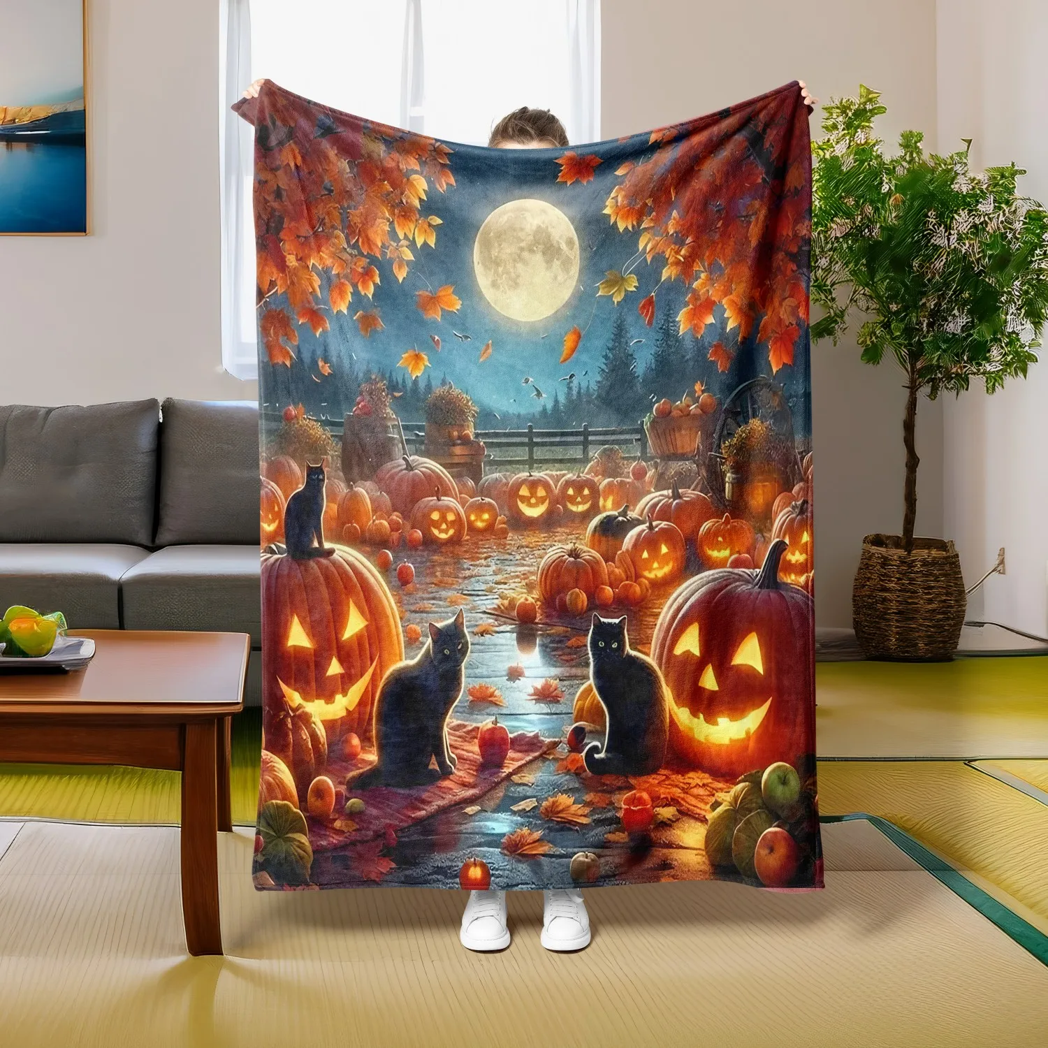 1PC Überwurf Neue süße Katze Kürbis Schädel Decke Halloween Herbst Thanksgiving Day Geschenke für Couch Bett Auto Camping alle Saison verwenden Image