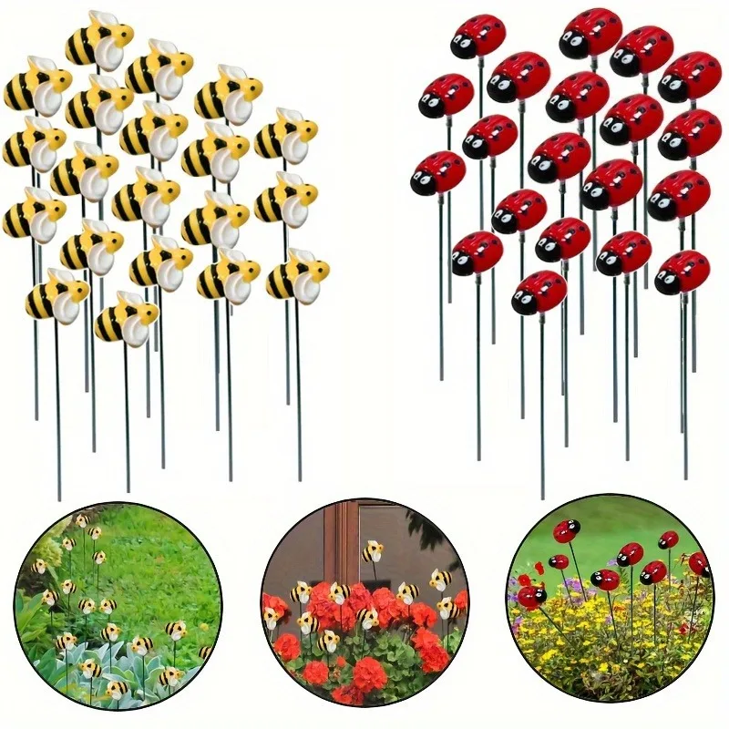 20 Stück Bienen- und Marienkäfer-Harz-Dekorationen, moderne Bodenstecker für Garten, Blumenbeete, Rasenwege und Topfpflanzen Image
