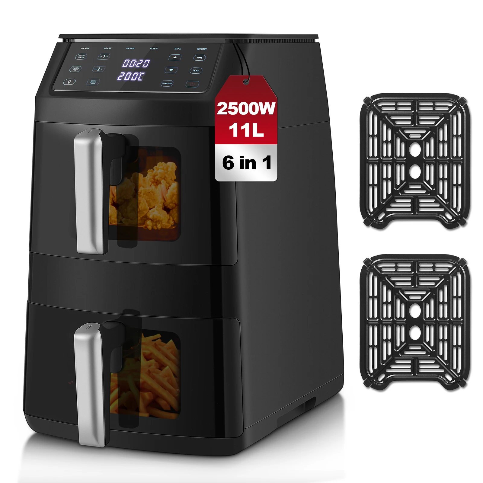 TopStrong 11L Dual-Korb-Heißluftfritteuse, 2500W, 8 Voreinstellungen, 6-in-1-Funktionen, Unabhängige Dual-Zonen-Garung, Platzsparendes Design Image