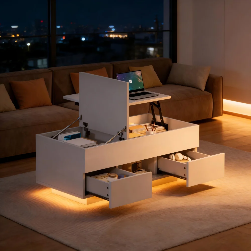 Moderner LED-Couchtisch mit Hochglanz-Oberfläche, Schubladen und verstecktem Stauraum, multifunktionaler Sofa-Beistelltisch 100*45*43cm