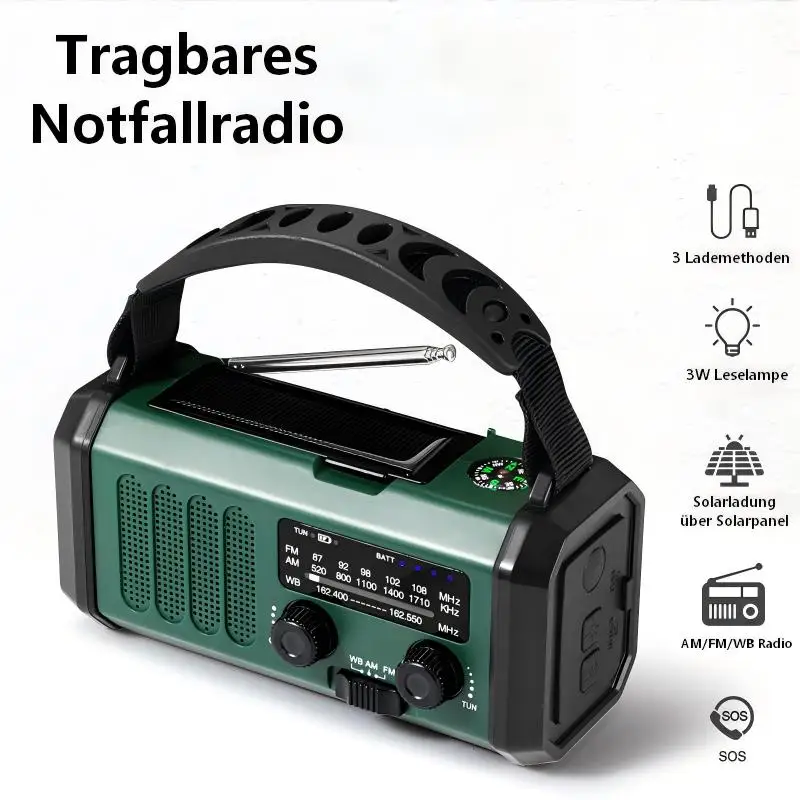 Kurbelradio mit 10000mAh Powerbank Solar Notfallradio AM/FM/WB Weltempfänger mit Taschenlampe SOS Alarm Kompass Tragbar Image