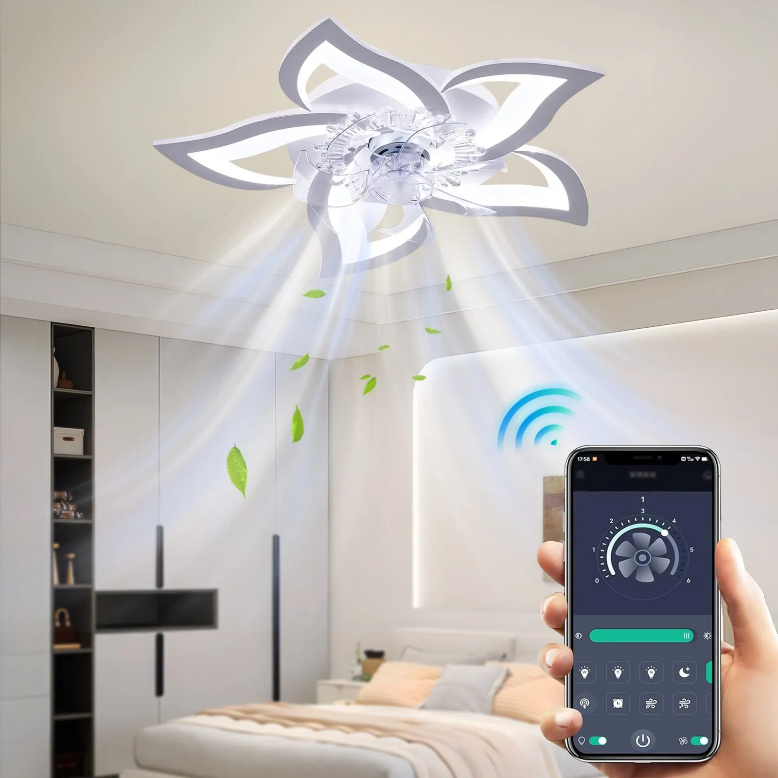 Kreativer Lotus-Deckenventilator mit LED-Beleuchtung, geräuscharmer Deckenventilator-Kronleuchter für Wohnzimmer, Esszimmer, Schlafzimmer, Küche, Heimbeleuchtung