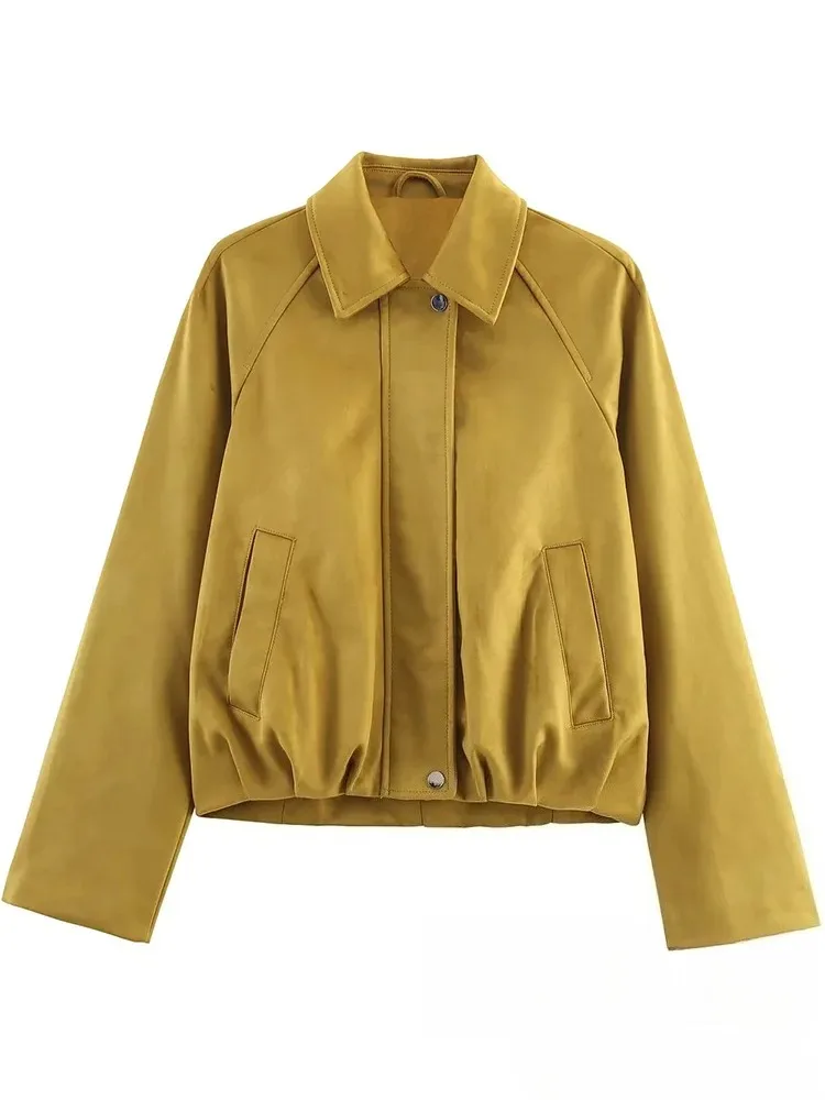 KONDALA Streetwear Chic Gelb Wildleder Bomber Jacken Frauen Lange Sleeve Zipper Kurze Mäntel Mode 2025, Herbst Casual Mädchen Outwears