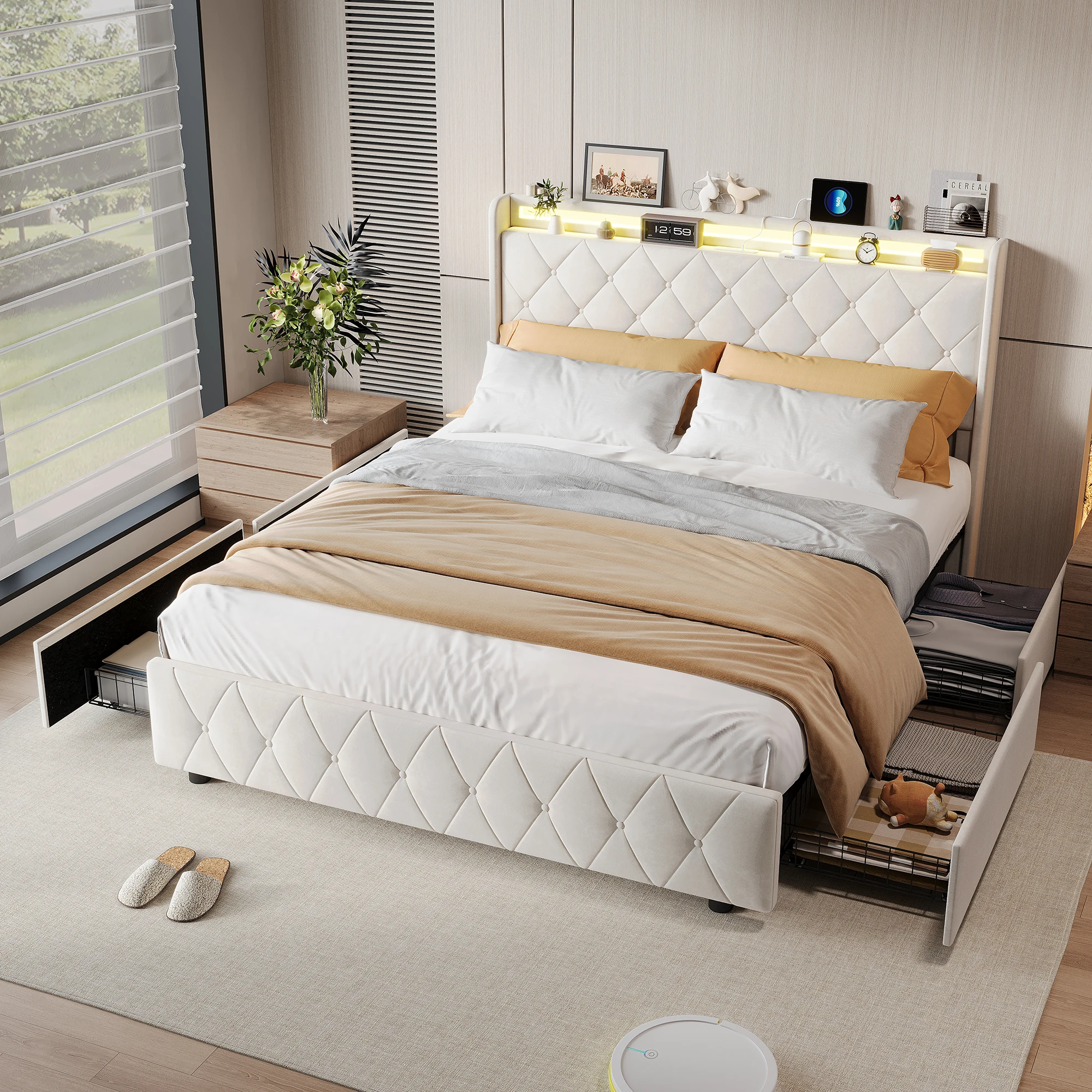 Comanlai Stauraumbett mit LED-Kopfteil und USB-Ladeanschluss, Samtbezogenes Bett mit 4 Schubladen und Lattenrost, Bettgestell Image