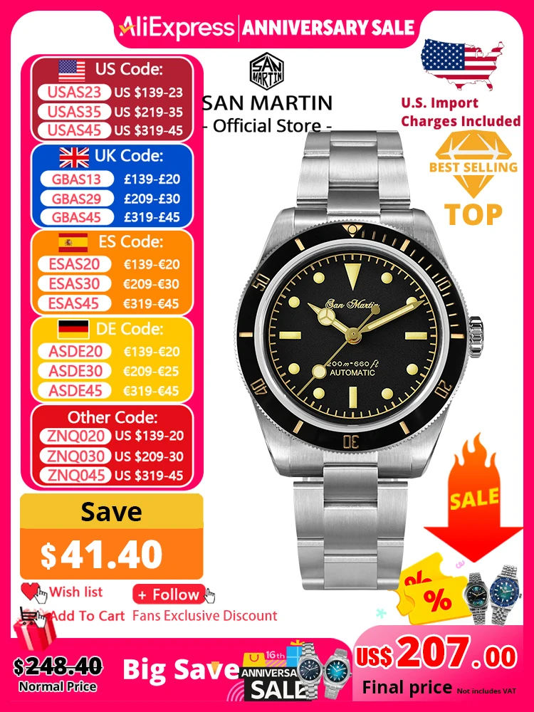 San Martin Vintage 38 mm 6200 Taucheruhr, neu, verbessert für Herren, luxuriös, NH35, automatisch, mechanisch, Saphirglas, wasserdicht, 200 m Image