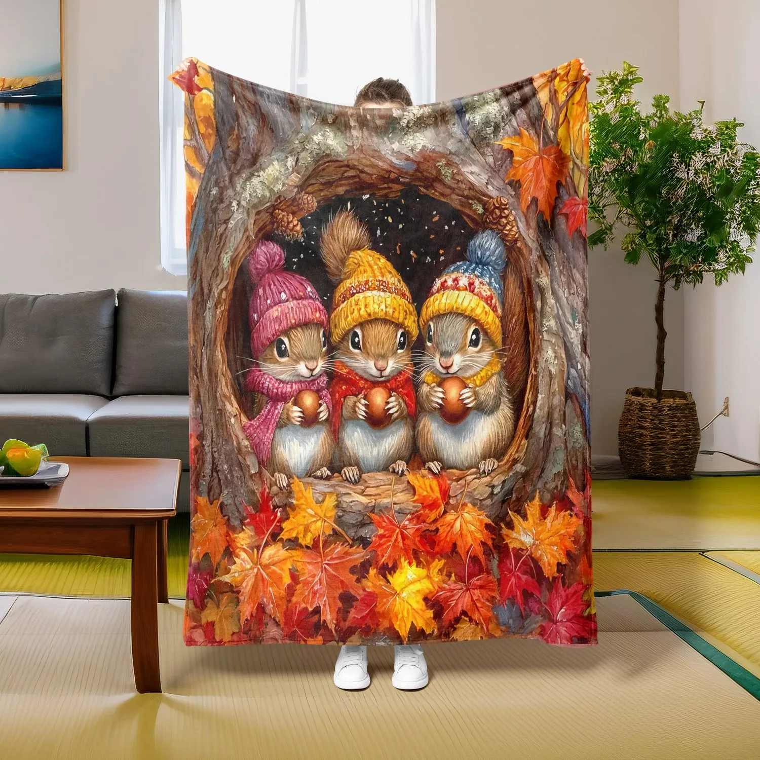 1PC Überwurf Neues Design Niedliche Eichhörnchen Ahornblatt Decke Halloween Thanksgiving Day Geschenke für Couch Bett Auto Camping Ganzjahresgebrauch Image