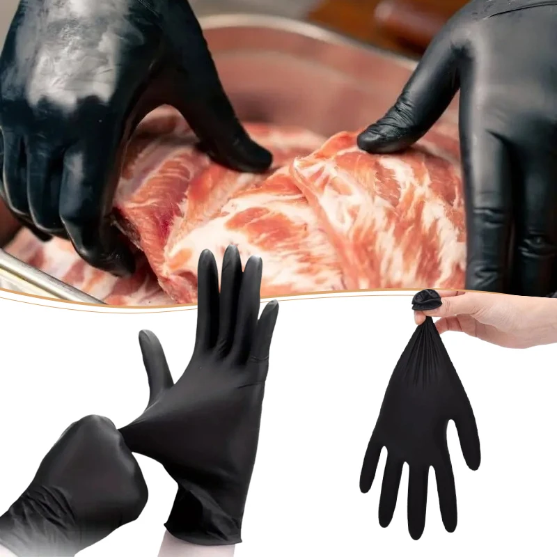 100 Stück robuste schwarze Nitril-Handschuhe, Einweg-Handschuhe in Lebensmittelqualität, wasserdicht, ölbeständig, rutschfest, für die Mechanikerreinigung Image