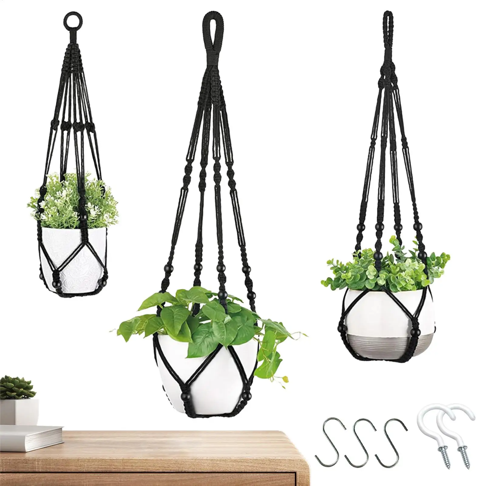 Makramee-Pflanzenaufhänger, 3 Stück, handgewebter Boho-Korb, Wand-Pflanzenaufhänger für Außenwand, Fenster, Badezimmer, Terrasse, Blumenläden Image