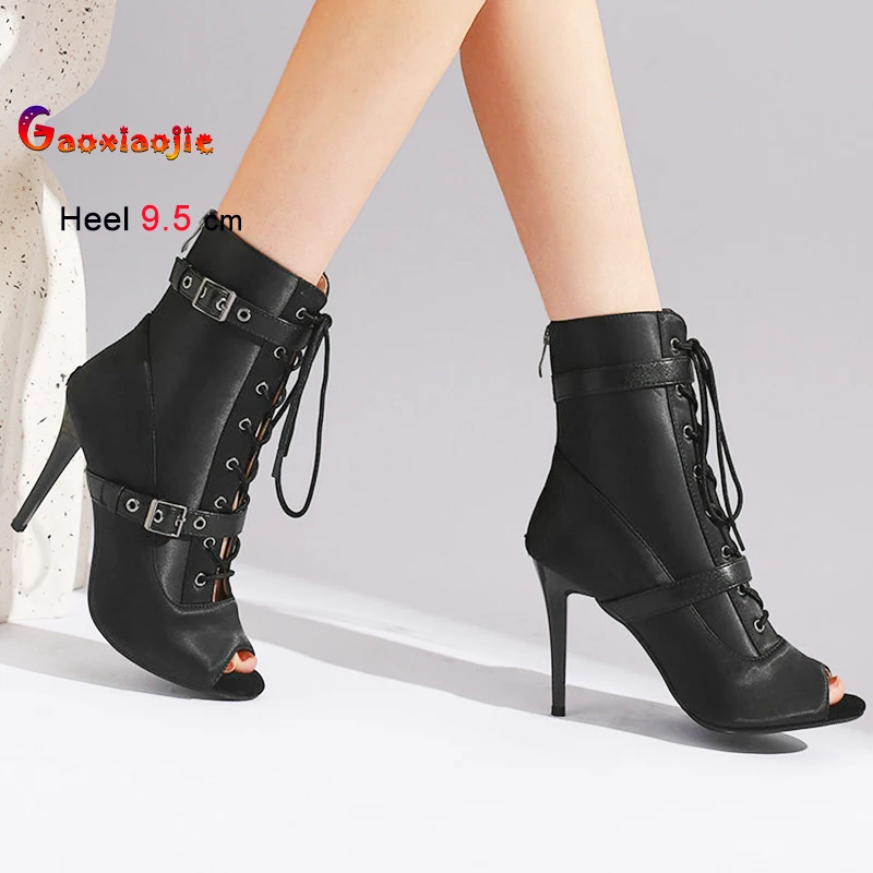 Schwarz Satin High Heels Frauen Schuhe Stiefel Dünne Fersen Gürtel Schnalle Kreuz Krawatte Damen Pumps Fisch Mund Stiefel Casual Dance Kurze Stiefel