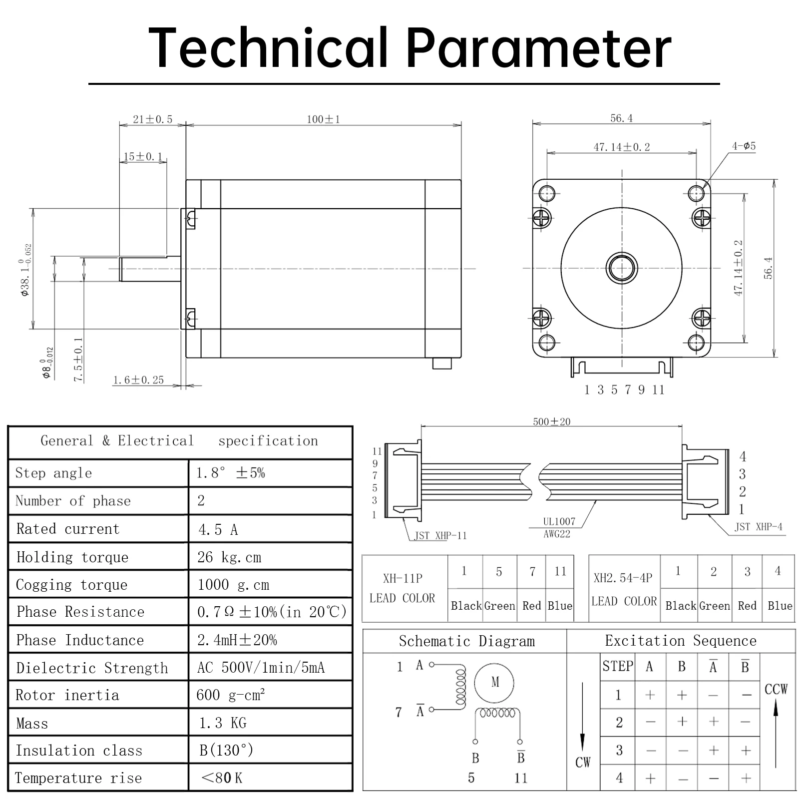 Nema 23 Schrittmotor, 100 mm Körper, 255,1 N.cm, 4,5 A, 8 mm Schaft, 2-Phasen, 4-Draht, 1,8 Grad, für DIY-CNC-Mühle/3D-Drucker mit XH2.54-Kabel Image
