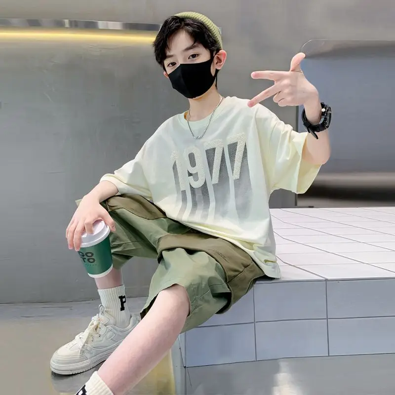 Jungen neue Sommer mode Baumwolle Shorts Ärmel T-Shirts 2-14 Jahre Kinder übergroße Streetwear Kinder Outfits Tops Kleidung Image