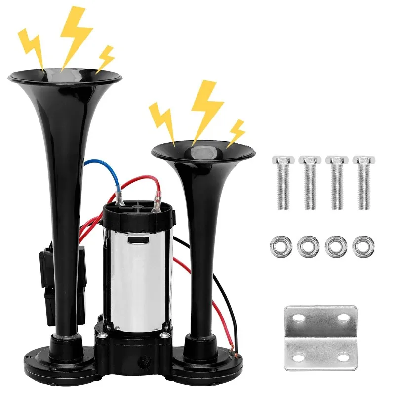 Universeller 12-V-Elektro-Lufthornlautsprecher für PKW und LKW, Doppelhorn-Design, inklusive Luftkompressor, funktioniert als Bootslautsprecher Image