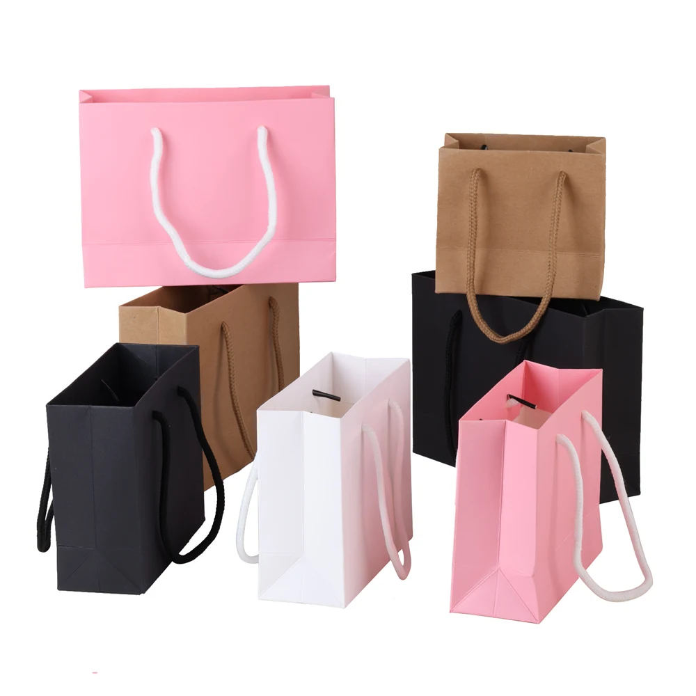 5/10 Stück Schwarze Weiße Rosa Kleine Kraftpapier-Geschenktüten mit Kordelgriffen für Party-Geschenkverpackung Geschenktüten aus Papier Image