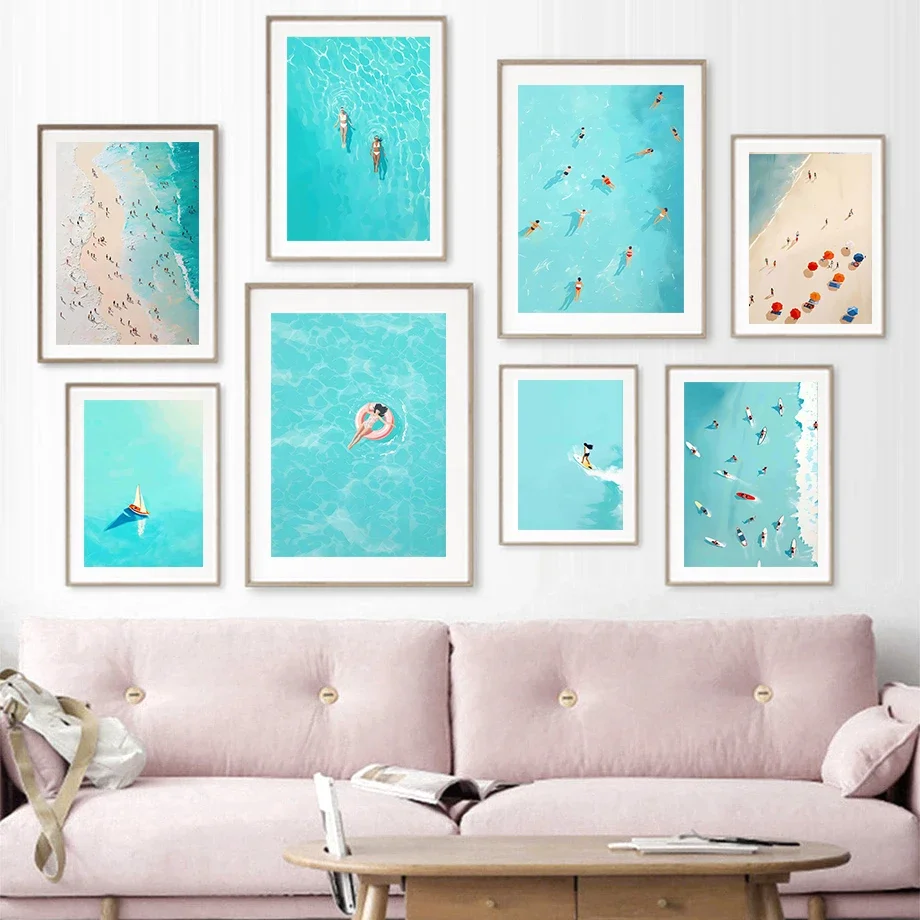 Boot Meer Welle Surf Schwimmen Strand Landschaft Druck Licht Ästhetische Wand Kunst Leinwand Malerei Nordic Poster Hause Wohnzimmer Dezember