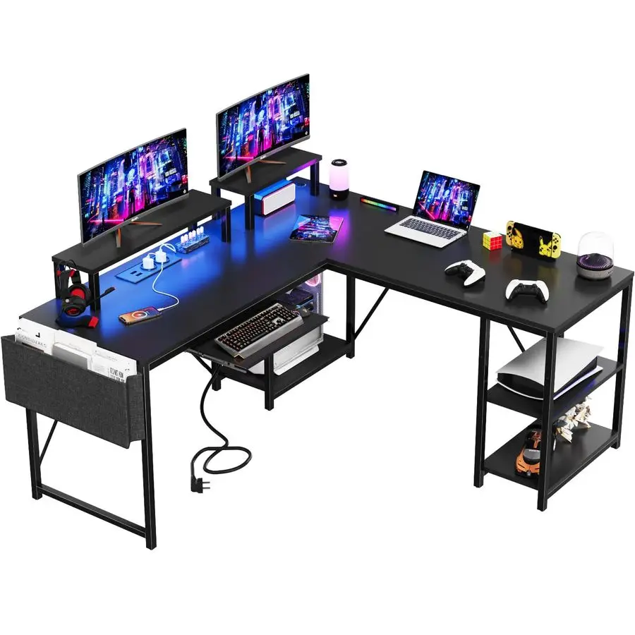Gaming-Tisch, L-Form, 140 x 140 cm, Eckschreibtisch mit RGB-LED, Monitorständer und Aufbewahrungsfach, 2 Steckdosen, 2 USB-Anschlüsse Image