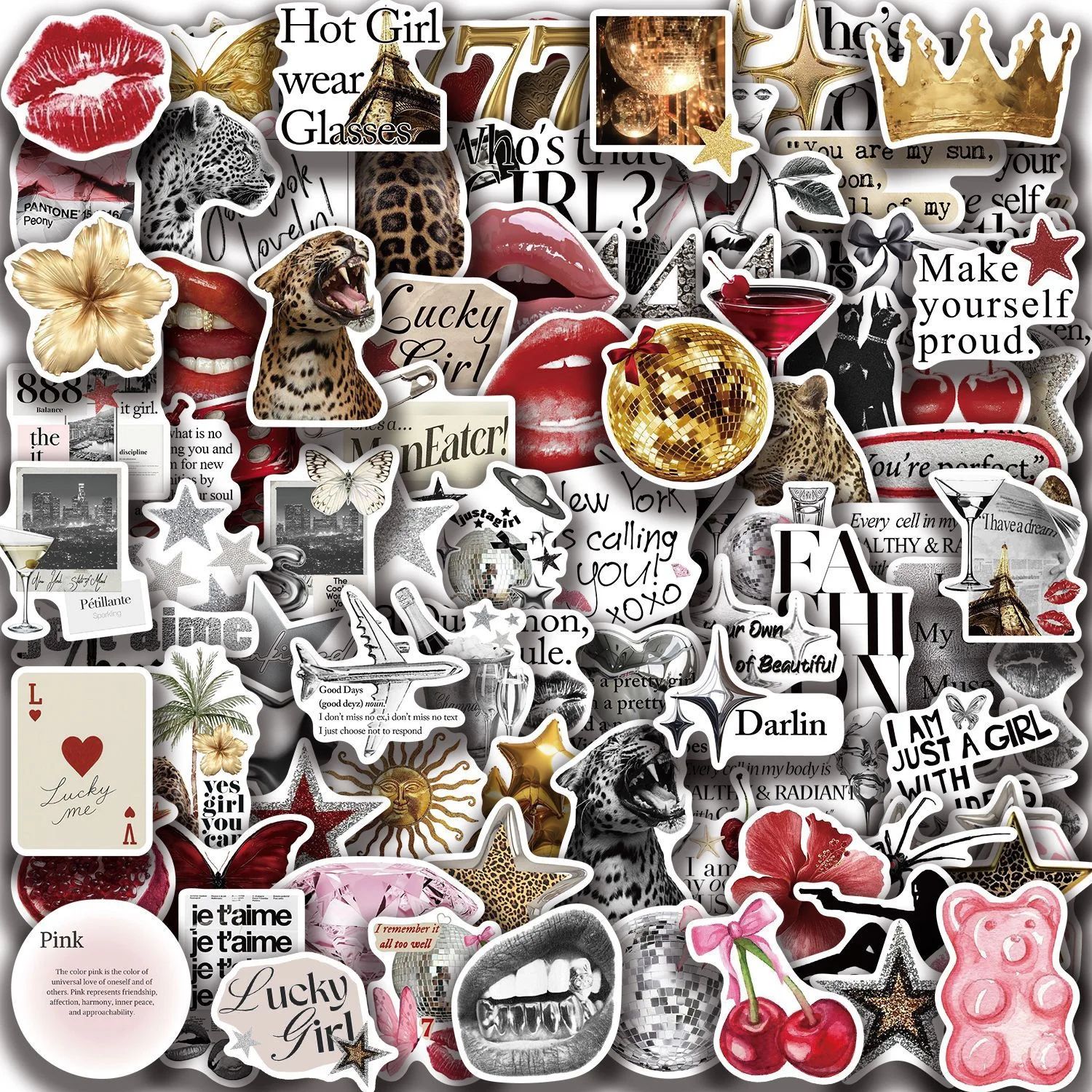 50/100 Stück Gold Silber Y2K Aufkleber Lucky Girls Sticker Ästhetische Scrapbooking Gepäck Skateboard Wasserdichte Coquette PVC-Aufkleber