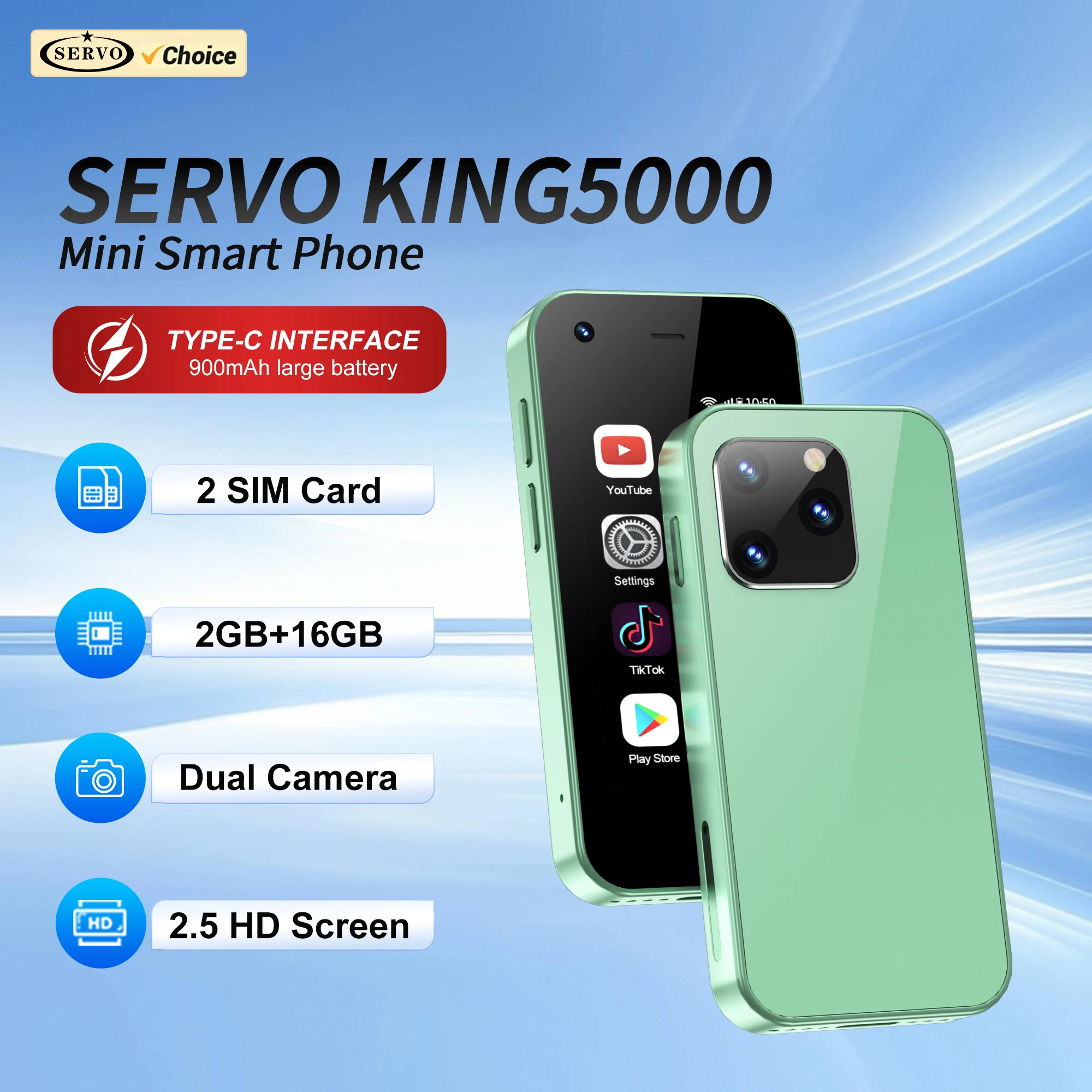SERVO KING5000 Mini-Smartphone 3G WCDMA Android-System 2 GB + 16 GB WiFi-Hotspot WhatsAPP Google Dual SIM Ultrakleine Smartphones
