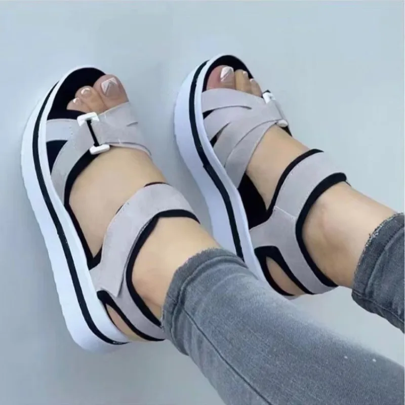 Damen-Sandalen in Mischfarben mit Keilabsatz, Sommerschuhe, Plateau-Sandalen mit Blockabsatz für Frauen Image