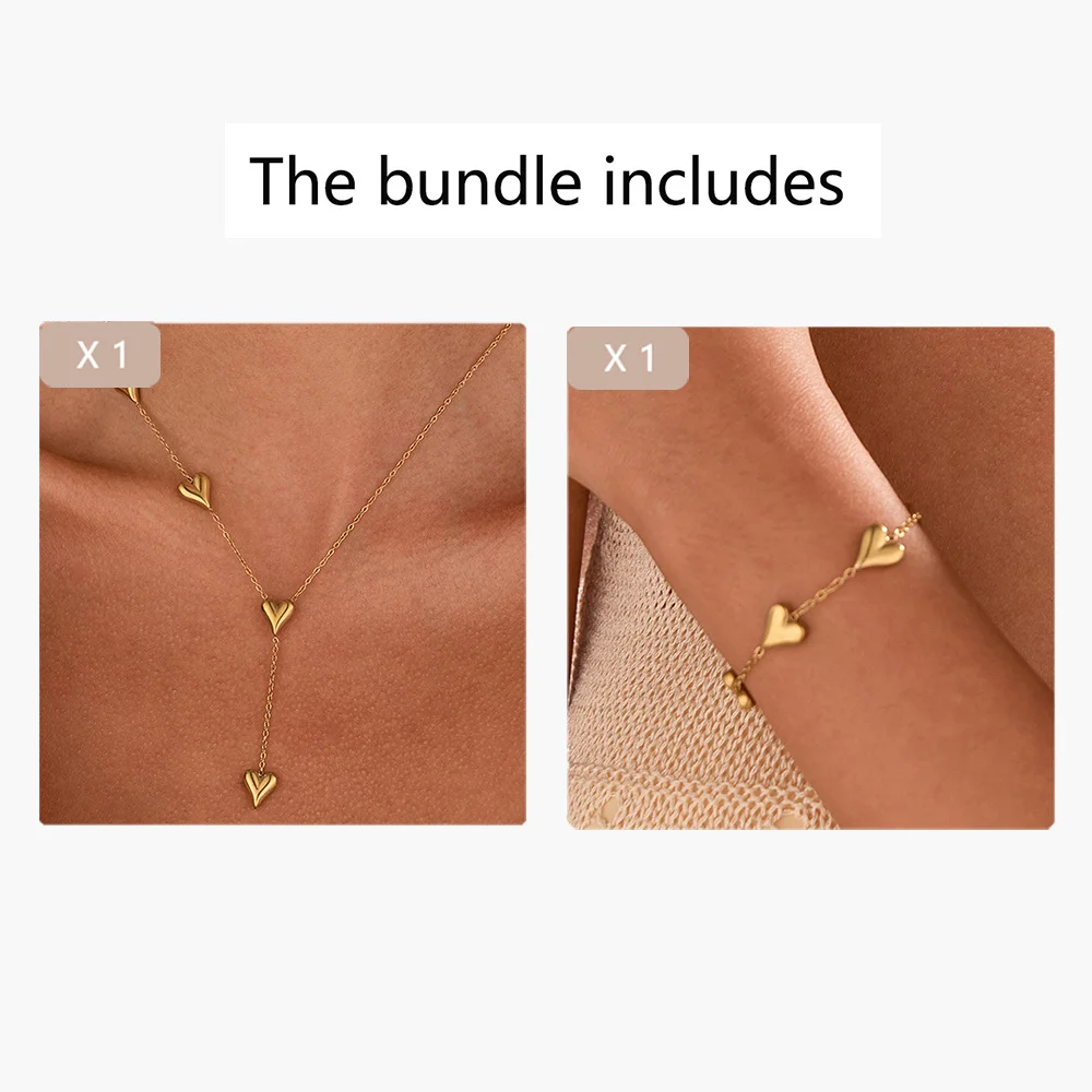 2-teiliges Bohemian Retro Herz Schmuckset für Damen Edelstahl Halskette und Armband Hypoallergen Wasserfest Modeschmuck für Image
