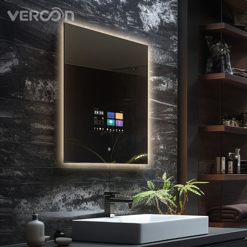 2025 nuovo Design Smart Bluetooth LED specchio con Defog Wifi Android Smart Touch Screen specchio per bagno Vanity mobili