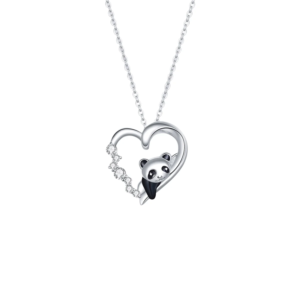 Collana in Argento Sterling S925 Design Originale con Pendente a Forma di Cuore Taglio Principessa con Panda Minore in Zircone per Feste e Regali per Donne