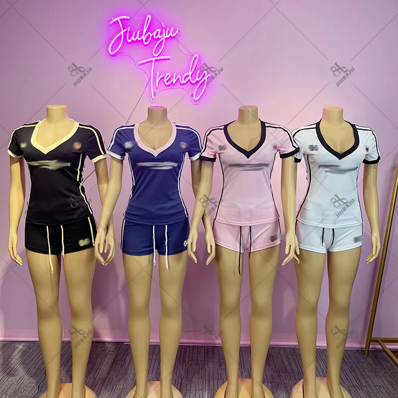 Completo Sportivo da Donna a Due Pezzi con Patchwork a Contrasto Top Corto con Stampa Lettering e Pantaloncini Mini Tuta Casual Trendy