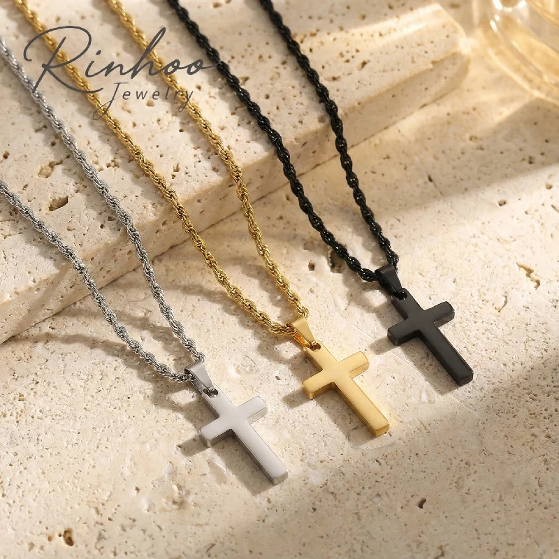 Collana con ciondolo a croce RINHOO in acciaio inossidabile 316L con placcatura in oro 18K catena intrecciata in argento placcato oro 18K gioiello alla moda da spiaggia per uomo.