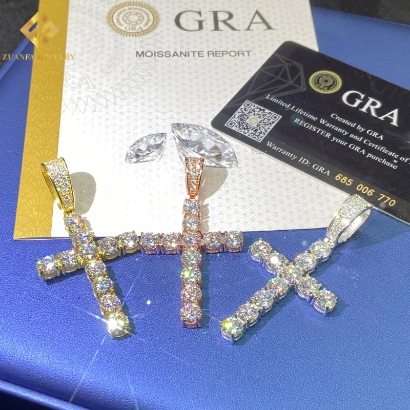 Ghiaccio fuori rotondo taglio brillante VVS Moissanite ciondolo croce HipHop 925 in argento Sterling ciondolo passapassare Tester diamante con GRA
