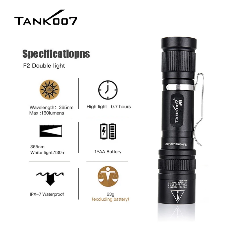 TANK007 F2 Zoomable EDC 365nm Uv torcia a doppia luce a LED fluorescente di rilevamento luce bianca Uv torcia torcia torcia nera