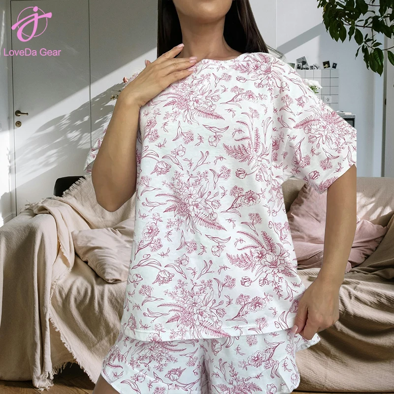 Abbigliamento da notte morbido da donna Loveda all'ingrosso completo e comodo in maglia con stampa a maniche corte pantaloncini in pigiama