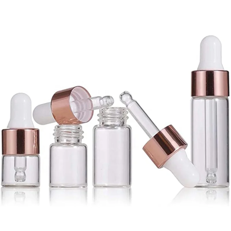 1ml 2ml 3ml 5ml bottiglia di vetro rotonda di olio essenziale trasparente con contagocce in oro rosa piccolo olio cosmetico fiala per Tester