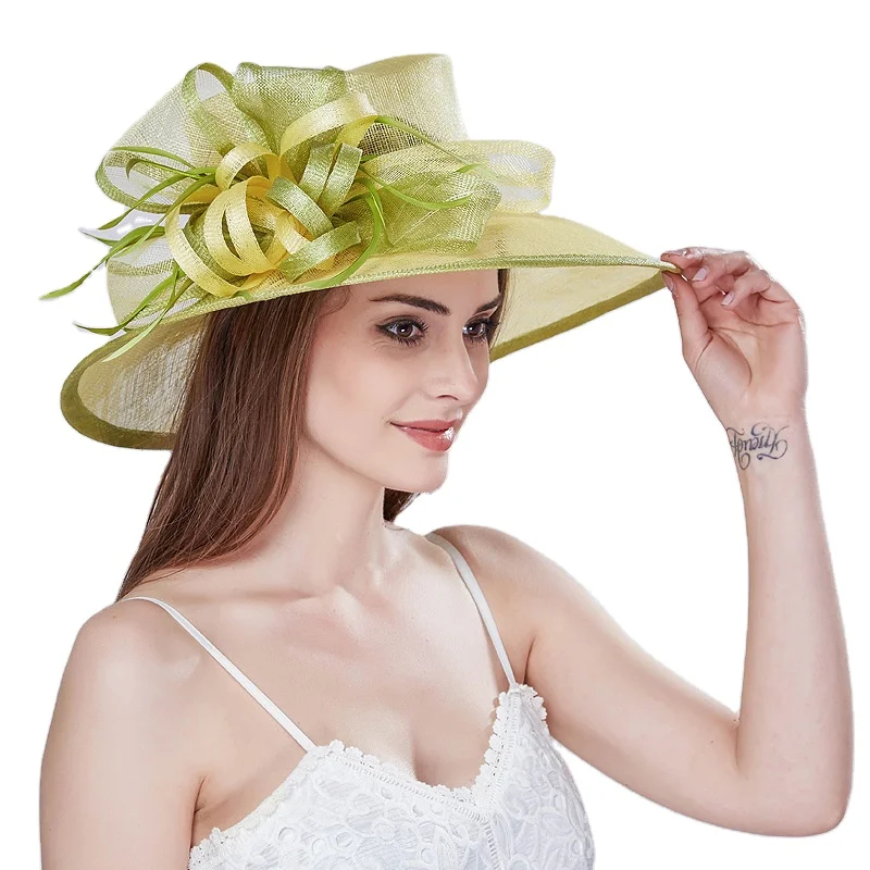 Elegante Cappello da Donna in Sinamay Verde a Tesa Larga per Chiesa Derby del Kentucky Cerimonie Fascinator Floreale per Tea Party e Matrimoni