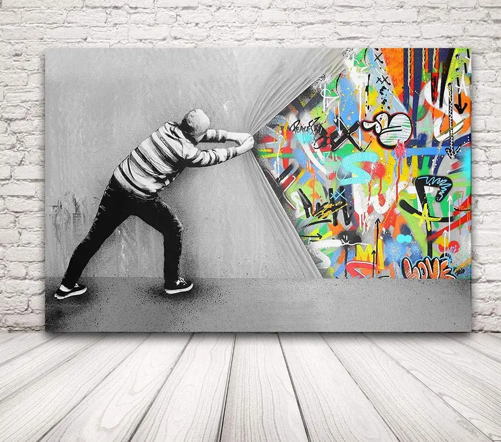 JZ Home Decor dietro la tenda immagine allungata e incorniciata Street Art Poster stampa Pop Art pittura su tela Graffiti Wall Art