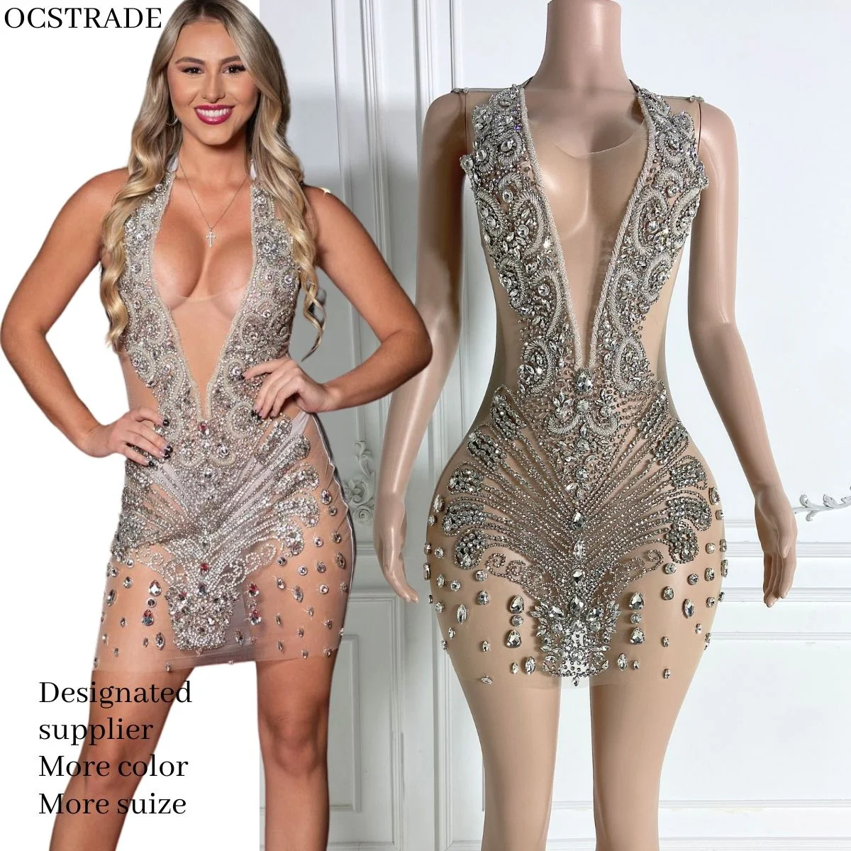 Prodotti Ocstrade Dropshipping 2024 argento strass abiti di classe Bling Sexy diamante vestito da donna Sexy Party Club vestito da notte