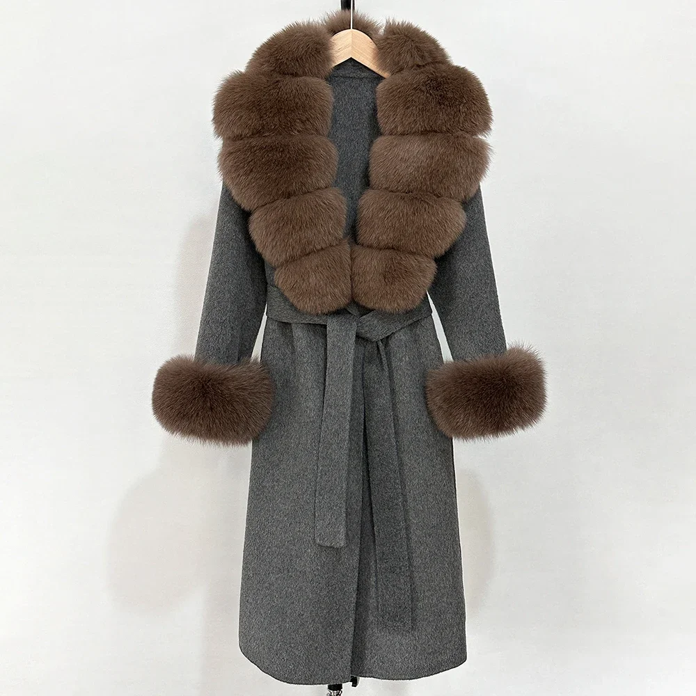 OFTBUY Nuovo Cappotto Autunnale in Misto Lana per Donna Elegante e Caldo con Collo in Vera Pelliccia di Volpe Giacca Invernale in Cashmere Double-Face