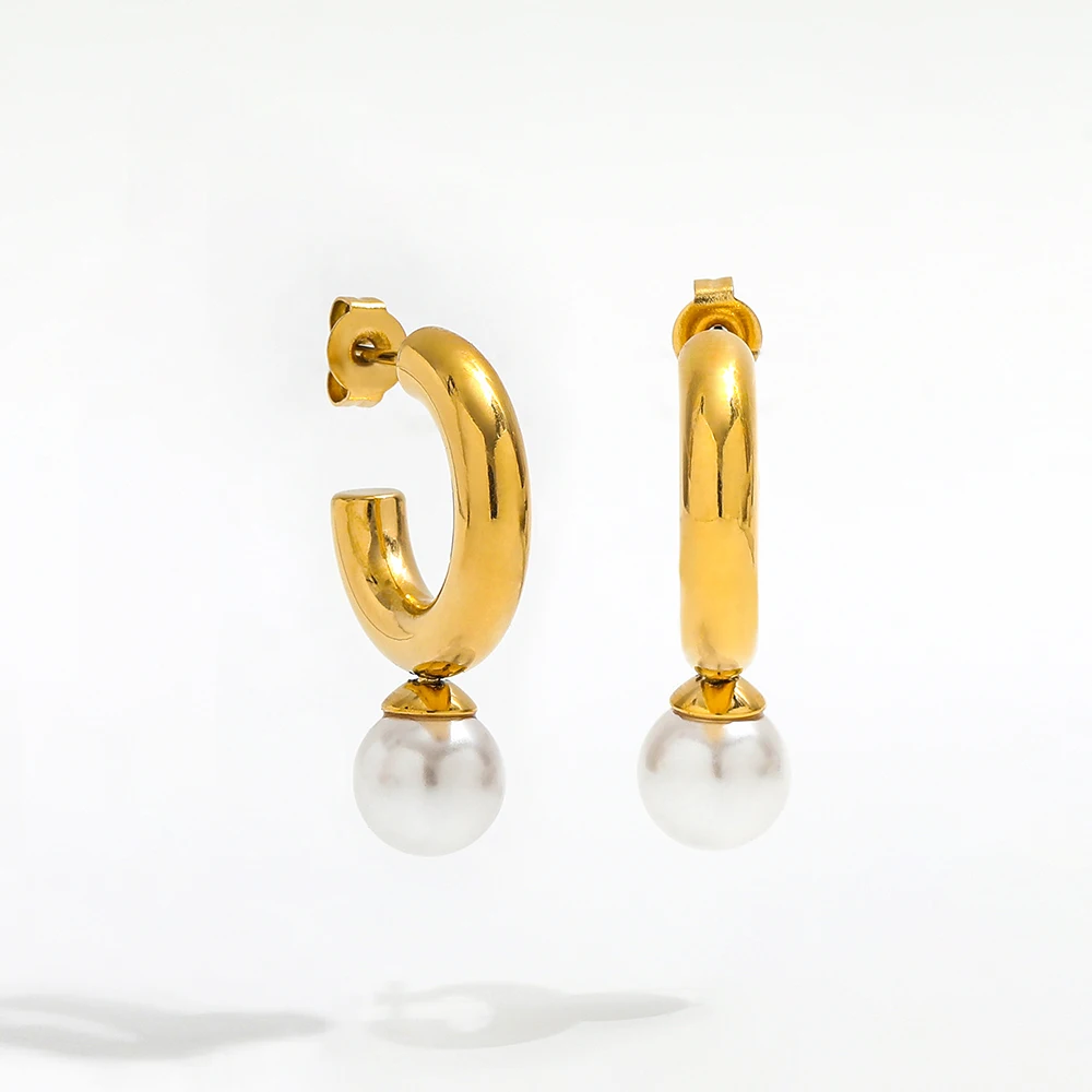 Joolim High End 18K placcato oro singola imitazione perla Mini C cerchio orecchini in acciaio inox gioielli per le donne all'ingrosso