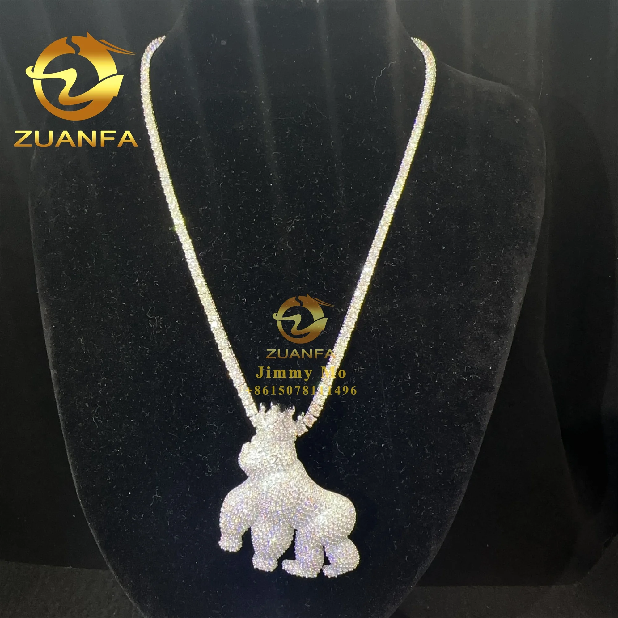 Drop Shipping moda uomo 925 gioielli in argento Sterling Hip Hop completamente ghiacciato VVS Moissanite diamante ciondolo Gorilla uomo