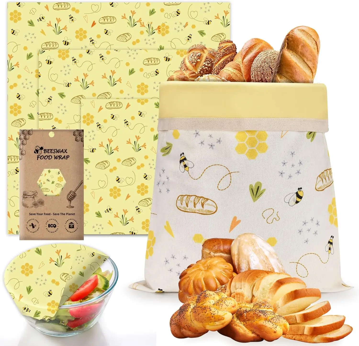 Sacchetti per Pane in Cera d'Api Involucri Alimentari in Cera d'Api Sacchetti Riutilizzabili Naturali in Cera d'Api per Conservazione Alimenti (SML)