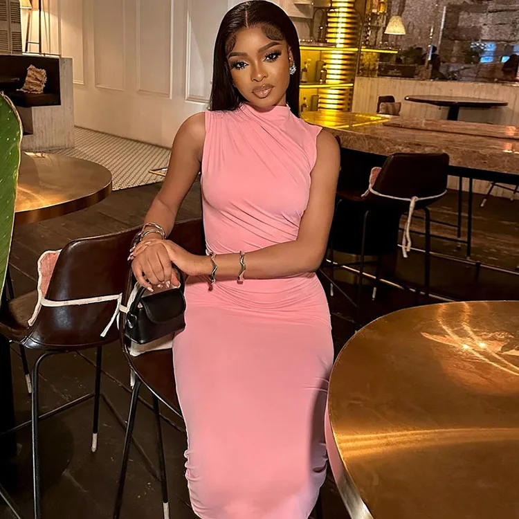 Abito Slim senza maniche all'ingrosso in tinta unita abito Casual logo personalizzato plissettato morbido fabbrica direttamente