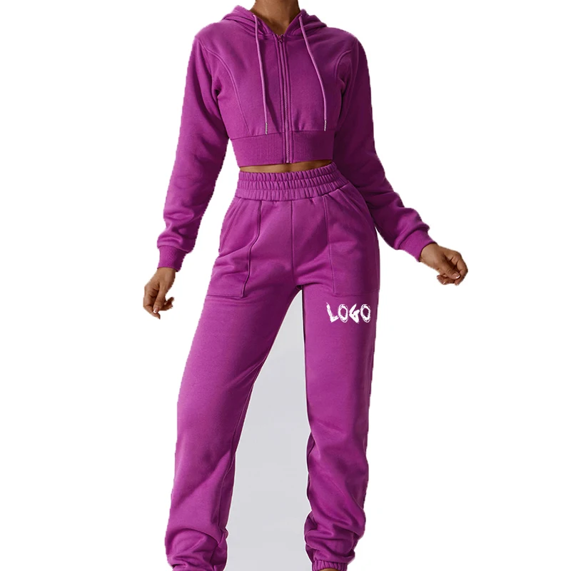 Felpa da Jogger con cappuccio tagliata personalizzata Set 2 pezzi abbigliamento da donna oversize Pullover con cappuccio Blank pantaloni della tuta Set felpa in pile con cappuccio da donna