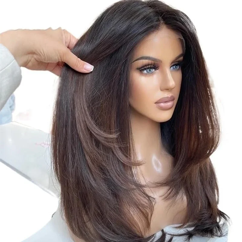 Parrucche in Capelli Vergini 100% Allineati alla Cuticola Parrucche Frontali in Pizzo 13x4 Senza Colla Parrucche in Capelli Umani Pre-Sfoltite Colore Marrone per Donna