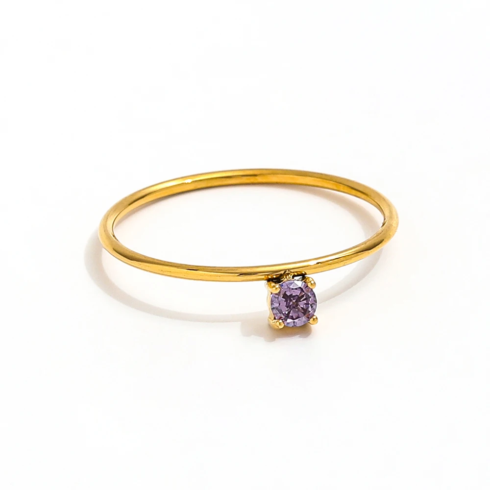 Joolim gioielli all'ingrosso 18K placcato oro CZ rotondo Mini luce viola Zirconia in acciaio inox linee anello per le donne