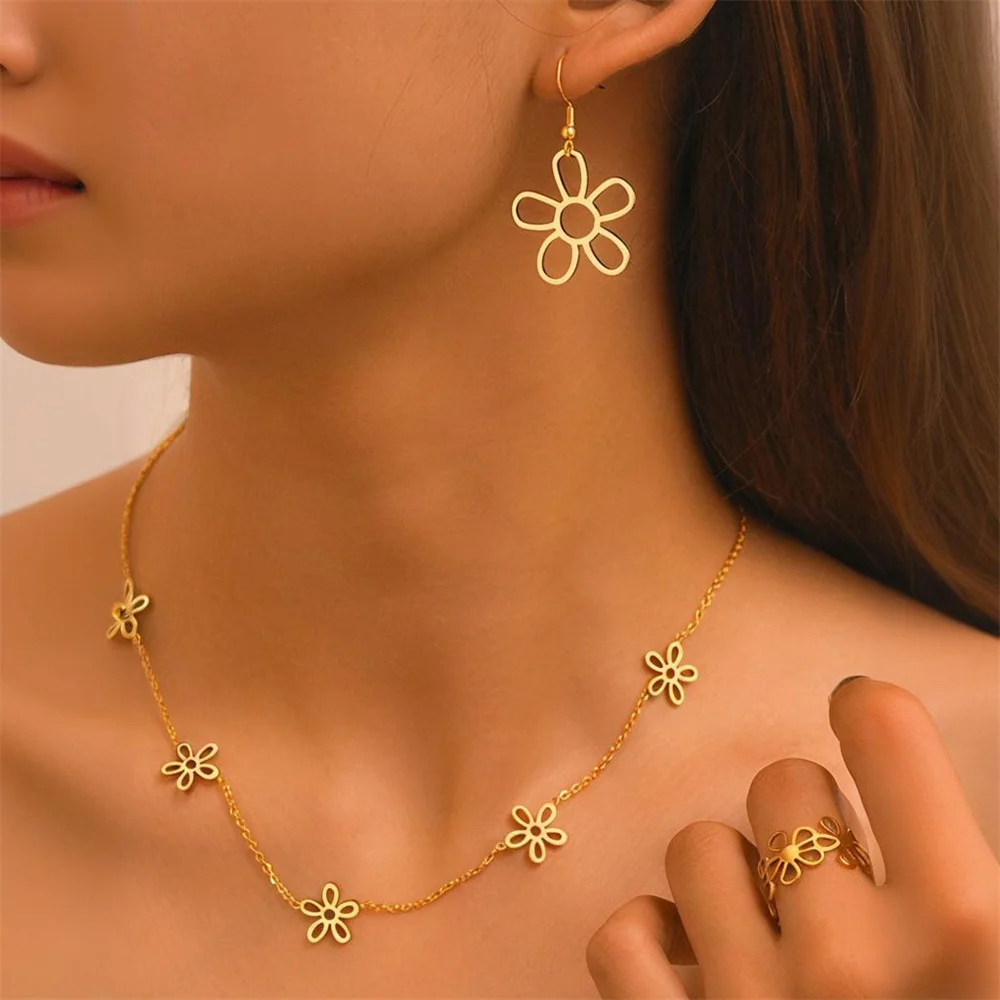 Catene in acciaio inossidabile con collana di fiori/anello/orecchini set per donna eleganti accessori moda donna gioielli regali