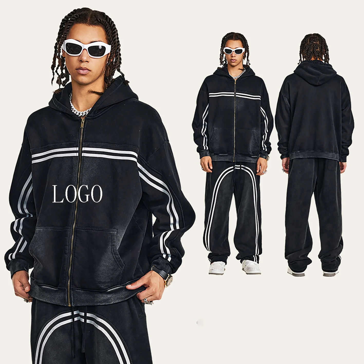 Felpa con cappuccio con cerniera personalizzata 330gsm felpe con cappuccio da uomo in cotone con cappuccio a righe