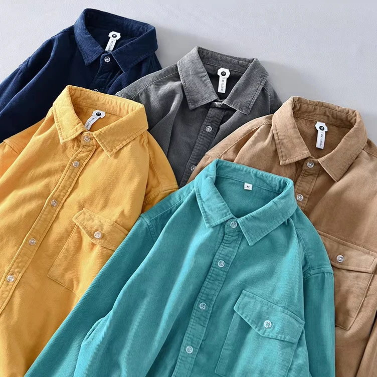 Giacca Camicia Vintage in Velluto a Coste 100% Cotone Traspirante di Alta Qualità Nuova Collezione Autunnale da Uomo a Maniche Lunghe Tinta Unita