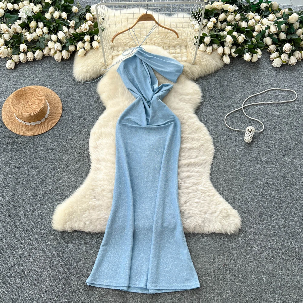 Abito lungo estivo casual da donna con scollo all'americana modello slim con dettagli traforati e pizzo scintillante