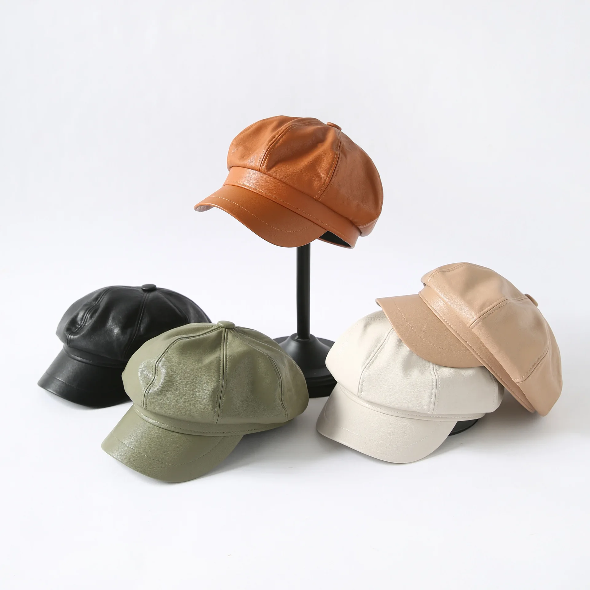 Cappello da ragazza in pelle Pu Vintage tinta unita tinta unita elegante da donna artista pittore Plain cappello da berretto decorativo verde francese da donna